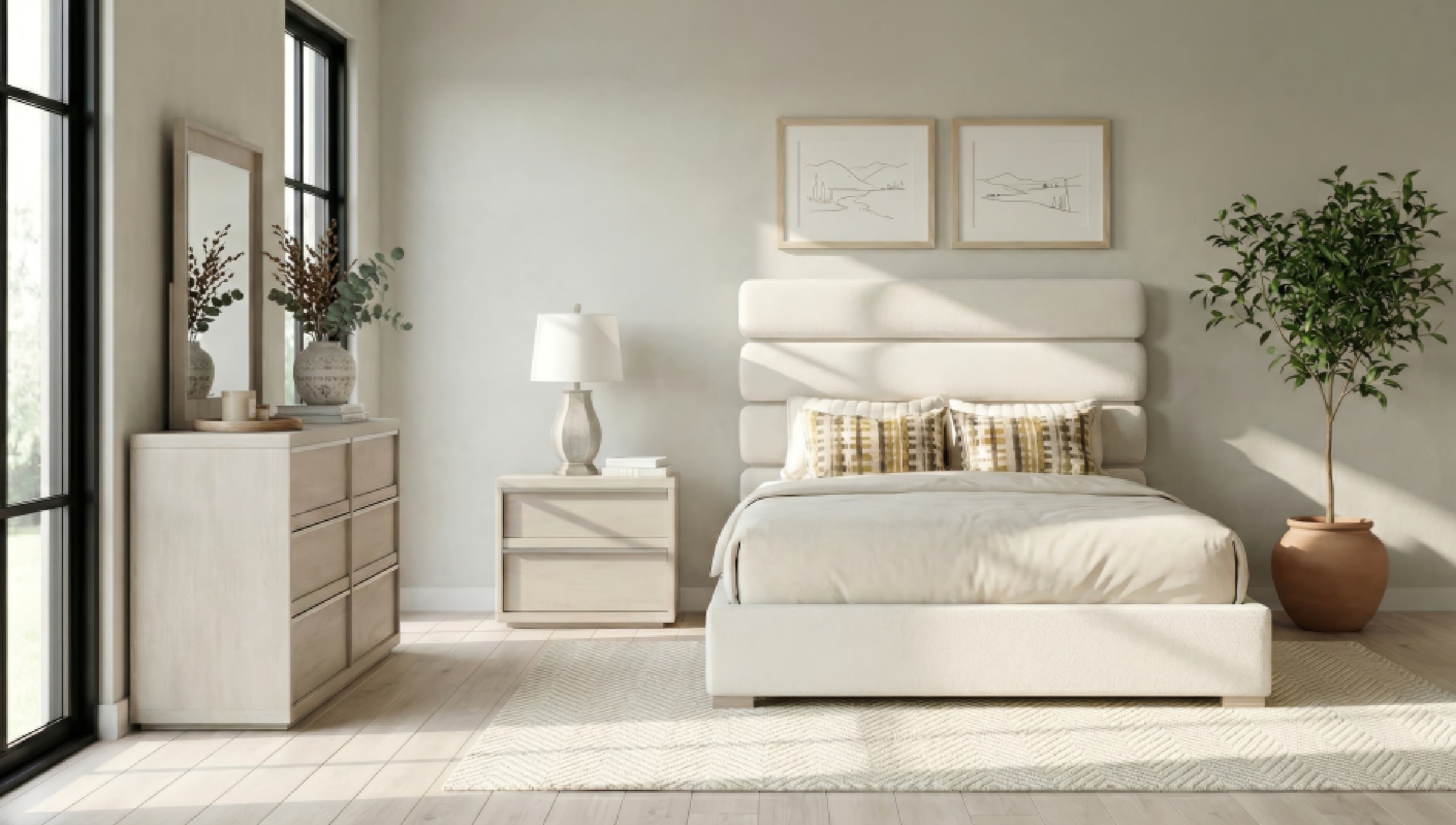 Modern bedroom with a beige upholstered bed, matching nightstand and dresser, decorative pillows, table lamp, wall art, and potted plant.