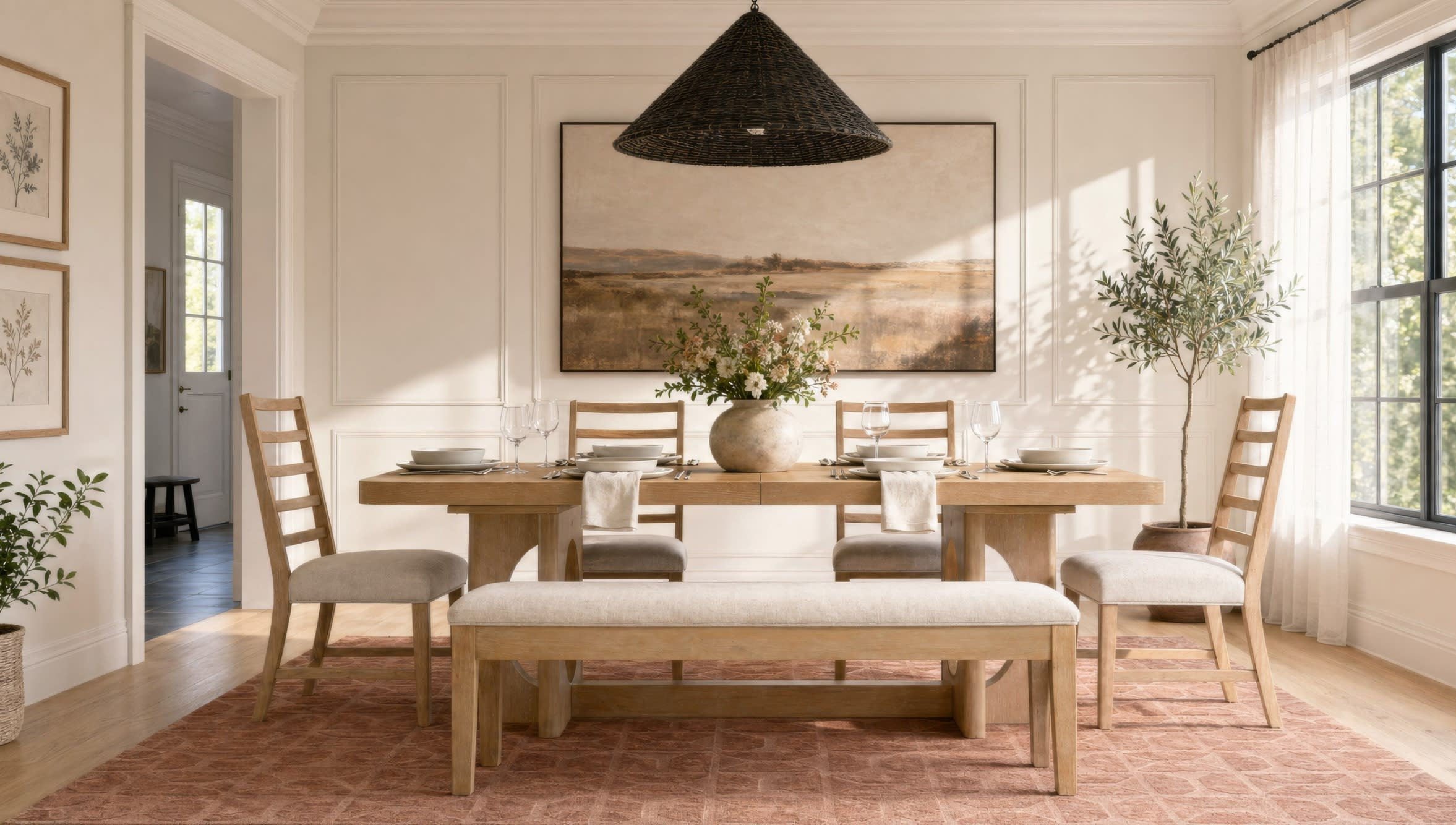 Dining room with a wooden table set for four, beige cushioned chairs, a matching bench, a large landscape painting, and natural light from a window.
