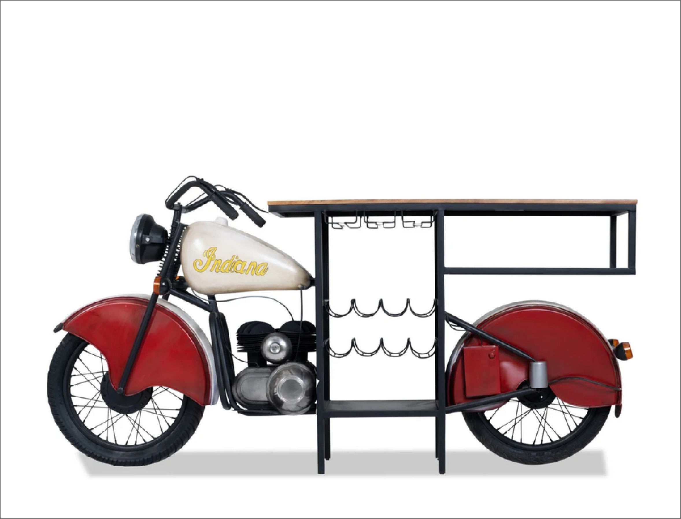 Red and white Indiana motorcycle bar with wood top and black metal frame.