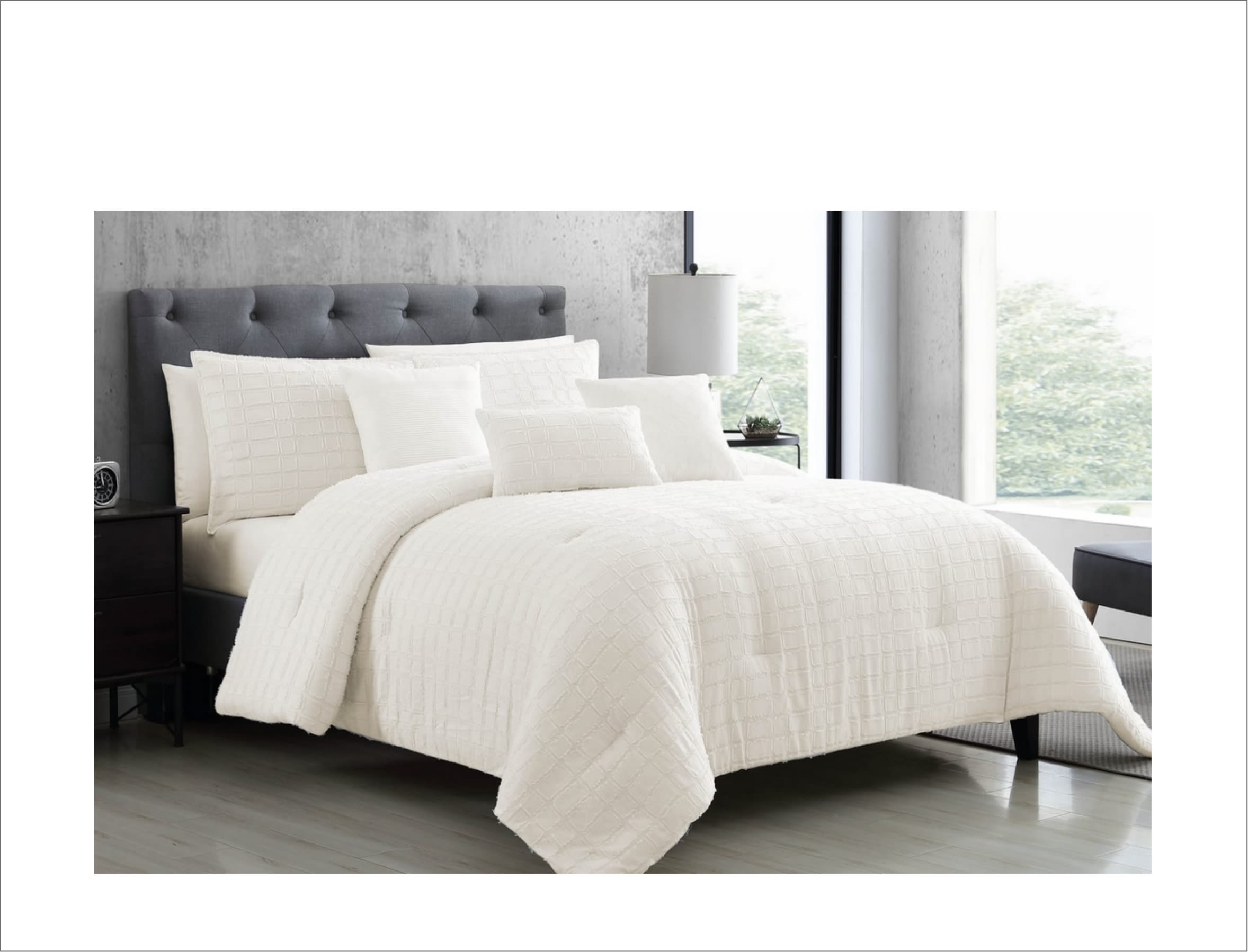 White geometric textured 6 piece comforter set.