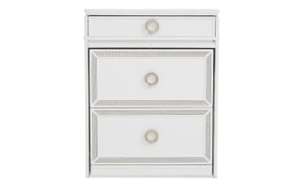 White wooden nightstand with three drawers featuring silver ring handles and decorative silver trim, modern bedroom furniture design.