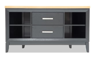 Modern black wooden sideboard with two central drawers and open shelving on each side, topped with a light wood surface, ideal for living room storage.