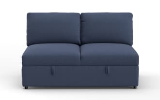 Compact navy blue fabric loveseat with cushioned backrest and seat, featuring a modern armless design and small black legs, ideal for small living spaces.