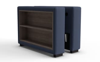 Blue fabric-covered wooden bookshelf with two shelves, dark wood interior, and short black legs, designed for modern home or office storage.
