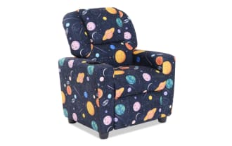 Children's recliner chair upholstered in dark fabric with colorful space-themed print featuring planets, moons, and stars, designed for comfort and style in kids' rooms.