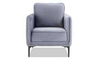 Madeline Light Blue Accent Chair in plush velvet fabric with cushy foam cushions, slope arms, and sleek black metal legs, contemporary style.