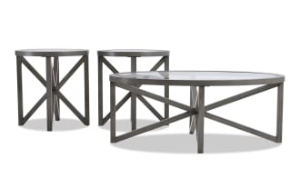 Zoey Gray Oval Glass Top Coffee & 2 End Table Set