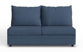 Blue fabric loveseat sofa with two large back cushions and thick seat cushions, featuring a modern, minimalist design and black short legs.