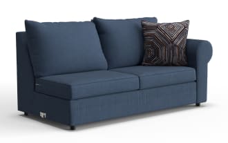 Blue fabric loveseat sofa with rolled armrest, two large back cushions, and a decorative geometric patterned throw pillow.