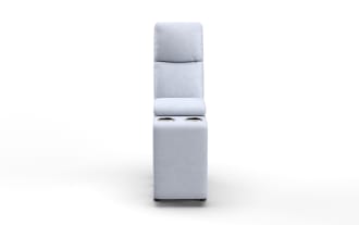 Modern light gray upholstered theater recliner chair with high backrest and dual cup holders, designed for home entertainment seating.