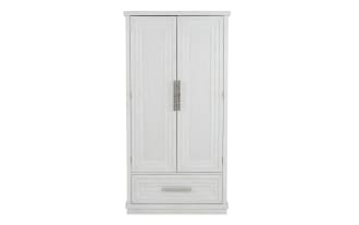White wooden wardrobe with two paneled doors and a large bottom drawer, featuring silver vertical handles and a classic design.