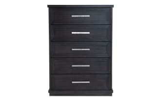 Contemporary Infinity Charcoal 5 Drawer Chest in MDF with sleek dark finish, metal handles, and framed drawer fronts for bedroom storage.