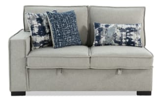 Playmax Gray Left Arm Facing Storage Loveseat with USB & USB-C ports, gray polyester fabric, transitional style, memory foam seating, includes patterned accent pillows.