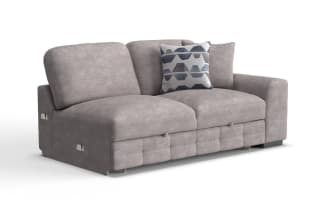 Modern light gray fabric sectional sofa with plush cushions, two decorative pillows, and a right armrest, ideal for contemporary living rooms.