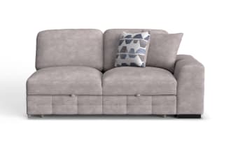 Modern light gray fabric sectional sofa with plush cushions, two decorative pillows, and a right armrest, ideal for contemporary living rooms.