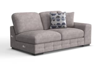 Modern light gray fabric loveseat sofa with plush cushions, two decorative pillows, and a right armrest, ideal for contemporary living rooms.