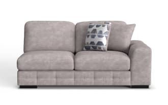 Modern light gray fabric loveseat sofa with plush cushions, two decorative pillows, and a right armrest, ideal for contemporary living rooms.