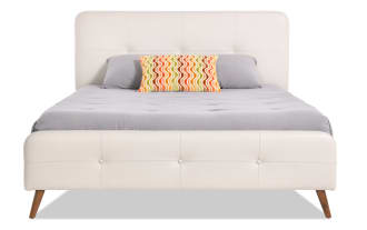 Bettie Twin Cream Faux Leather Upholstered Platform Bed with tufted cream vinyl headboard and footboard, mid-century modern style, tapered wood legs.