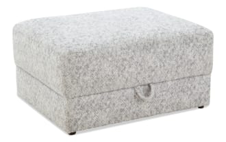 Rectangular storage ottoman upholstered in soft, textured gray fabric with a subtle speckled pattern, featuring a pull tab for easy lid opening.
