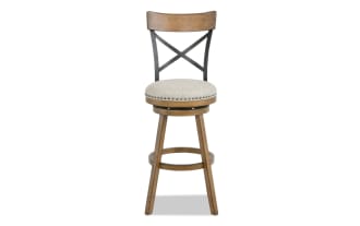 Iris Brown & Beige Cross Back Upholstered Adjustable Height Swivel Stool with nailhead trim, polyester fabric seat, rubberwood legs, and metal cross back in transitional style.