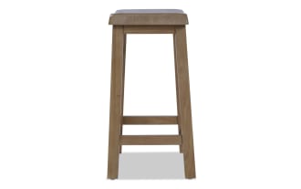 Wooden bar stool with a natural finish, featuring a flat rectangular seat and four straight legs connected by horizontal support bars.