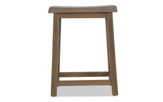 Wooden bar stool with a natural finish, featuring a flat rectangular seat and four straight legs connected by horizontal support bars.
