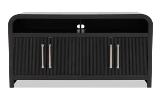 Cascade 50'' black MDF transitional TV stand with ribbed cabinet doors, silver handles, open shelf, and cord management from Cascade Entertainment collection.