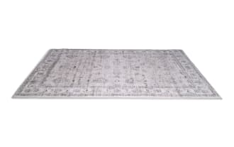 Rectangular beige and taupe vintage-style area rug with faded floral and vine patterns, featuring a decorative border and distressed texture.