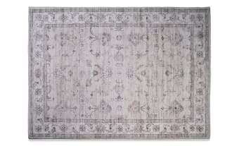 Rectangular beige and taupe vintage-style area rug with faded floral and vine patterns, featuring a decorative border and distressed texture.