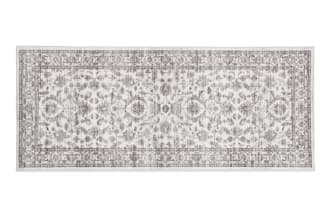 Vintage-style rectangular area rug with intricate gray floral and geometric patterns on a white background, suitable for living rooms or hallways.