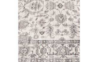 Vintage-style area rug with intricate floral and vine patterns in muted gray tones on a light beige background, featuring a detailed border design.