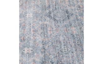 Blue and gray vintage-style area rug with faded geometric and floral patterns, soft textured fabric, suitable for living room or bedroom decor.