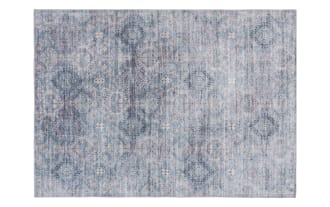 Blue and gray vintage-style area rug with faded geometric and floral patterns, soft textured fabric, suitable for living room or bedroom decor.