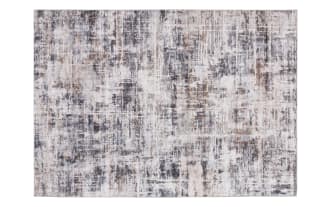 Area rug with an abstract distressed pattern in shades of gray, beige, and white, featuring a modern, textured design ideal for contemporary home decor.