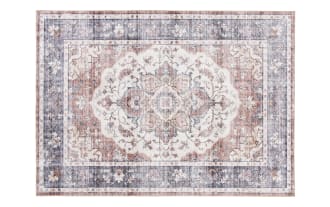 Traditional rectangular area rug with a vintage floral medallion pattern in muted blue, beige, and rust tones, suitable for living rooms or bedrooms.