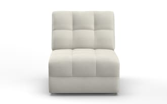 Modern armless accent chair upholstered in light beige fabric with tufted square cushioning on seat and backrest, ideal for living room seating.