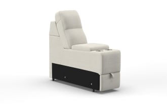 Modern beige fabric reclining chair with high backrest, integrated cup holders, and pull tab for reclining mechanism, ideal for home theater seating.