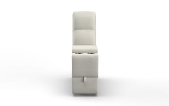 Modern beige fabric reclining chair with high backrest, integrated cup holders, and pull tab for reclining mechanism, ideal for home theater seating.