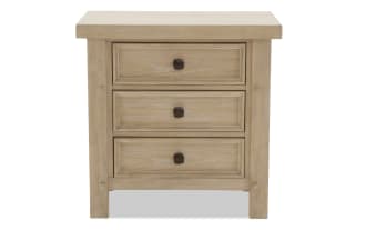 Hudson Natural 3 Drawer Nightstand in rustic light wood finish with rubberwood, pine, and mango veneers. Transitional style with pewter metal knobs.