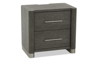 Catalina Brown 2 Drawer Nightstand in contemporary style, made of MDF, rubberwood, and oak veneers with smooth gliding drawers and metal handles.
