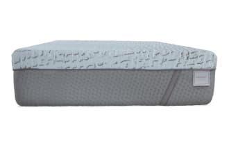 Enchant 16'' Twin XL Firm Mattress with light blue cooling cover, gray quilted sides, and label from Enchant collection, featuring firm support and temperature regulation.