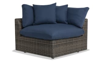 Dream Navy & Brown Wicker Outdoor Corner Chair from Dream Outdoor collection, featuring navy polyester cushions, all-weather wicker, and powder-coated aluminum frame.