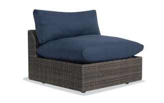 Dream Navy & Brown Wicker Outdoor Armless Chair from Dream Outdoor collection, featuring navy polyester cushions and brown all-weather wicker.