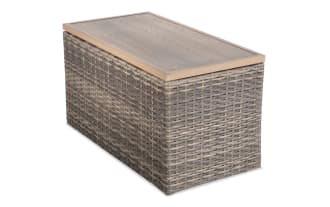 Dream Brown Wicker Outdoor Storage Console side view showing all-weather brown wicker and wood top, part of Dream Outdoor transitional collection.