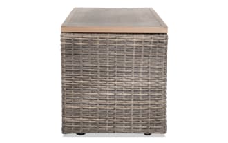 Dream Brown Wicker Outdoor Storage Console side view showing all-weather brown wicker and wood top, part of Dream Outdoor transitional collection.
