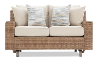 Palm Harbor Linen & Brown Wicker Outdoor Loveseat