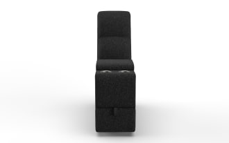 Black fabric reclining theater chair with built-in cup holders and cushioned backrest, designed for home entertainment comfort.