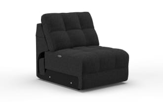 Modern black fabric armless accent chair with tufted backrest and seat cushion, designed for living room or lounge seating.