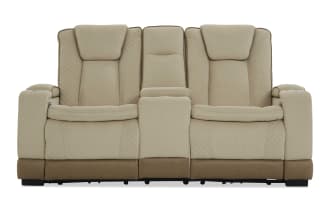 Altitude Beige 77'' Power Reclining Console Loveseat in brown polyester fabric with contemporary style, memory foam cushions, USB ports, cup holders, and storage.