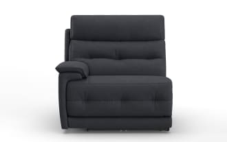 Dark gray upholstered single-seat recliner chair with cushioned armrest and tufted backrest, modern living room furniture.
